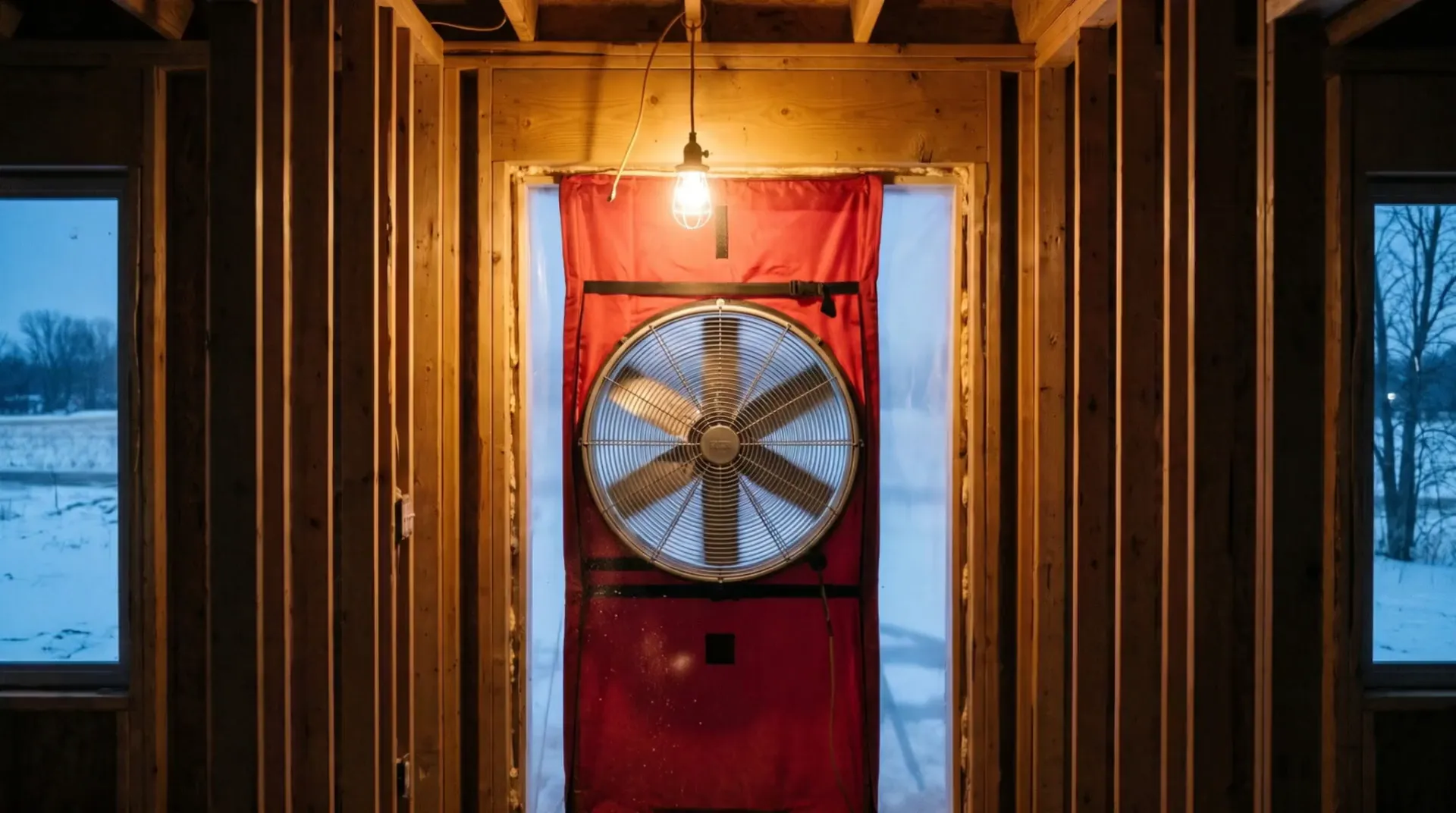 Illustrative blower-door testing fan mounted in an unfinished timber doorway at dusk